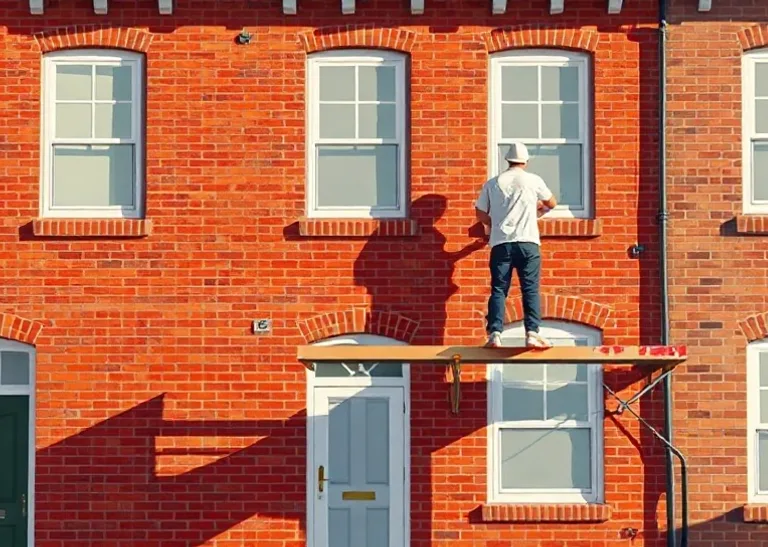 Peintre sur échafaudage traitant la façade d'une maison